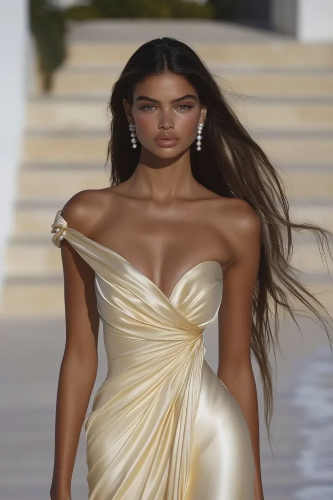 Chic and classy wedding guest outfit – pastel yellow satin dress with an asymmetrical shoulder, draping, and pearl embellishments for a timelessly elegant wedding guest look, summer, spring