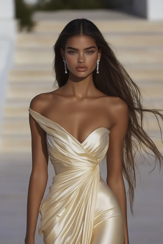 Chic and sophisticated yellow summer wedding guest dress with a stylish asymmetrical design, off shoulder long dress, summer, spring dress