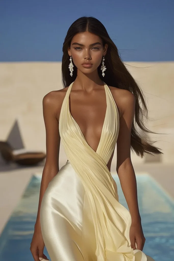 Effortless wedding guest outfit idea – a long lemon yellow satin dress with a plunging neckline, cinched waist, and flowing draped detail, timeless elegance