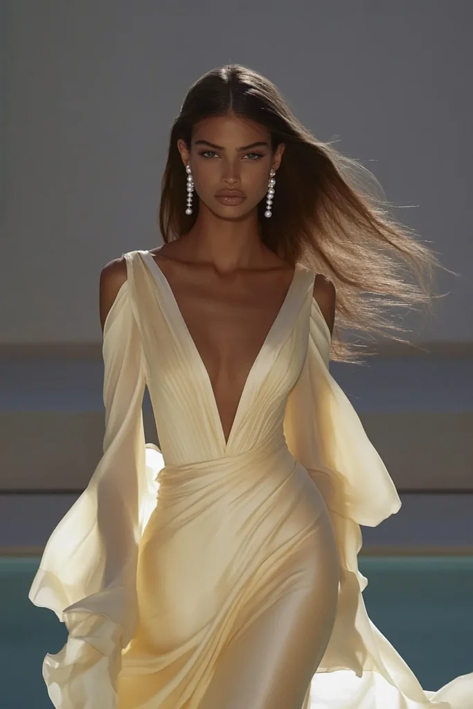 Elegant long-sleeve wedding guest dress in flowing lemon yellow chiffon, featuring a deep V-neckline, cinched waist, and dramatic billowing sleeves for a sophisticated look