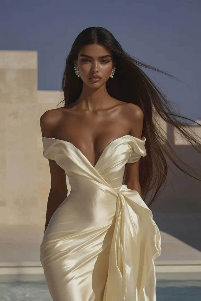 Elegant wedding guest dress classy, lemon satin off-the-shoulder neckline, draped bodice, and flowing side detail. A stunning choice for summer weddings, beach weddings, or wedding guest outfits
