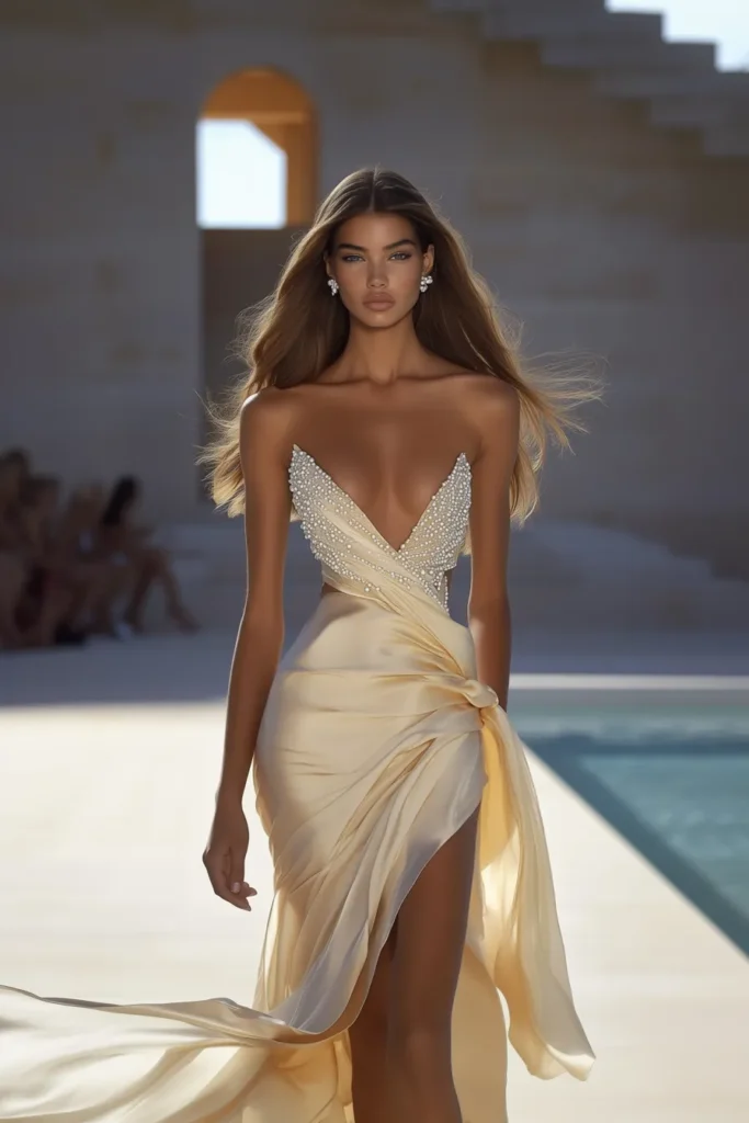 Elegant wedding guest dress idea – A stunning lemon-yellow satin gown with a pearl-embellished neckline and high-slit dress, perfect for summer weddings.