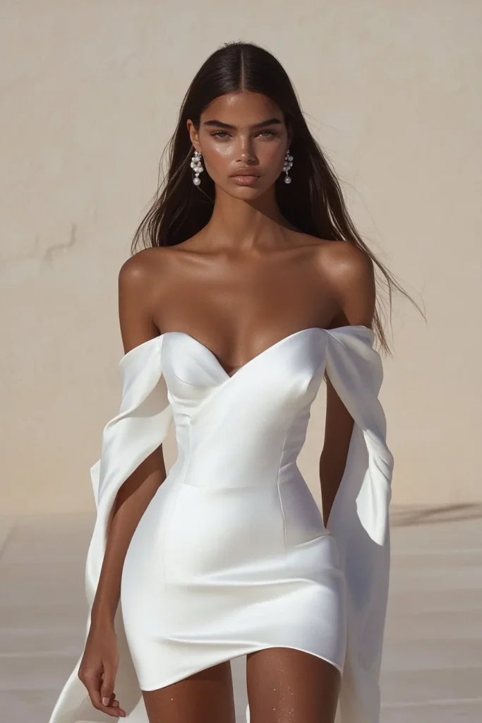 Glamorous white mini dress with a sweetheart neckline and draped sleeves, an off the shoulder design. Tailored fit making it an ideal choice for a stylish summer party or special occasion