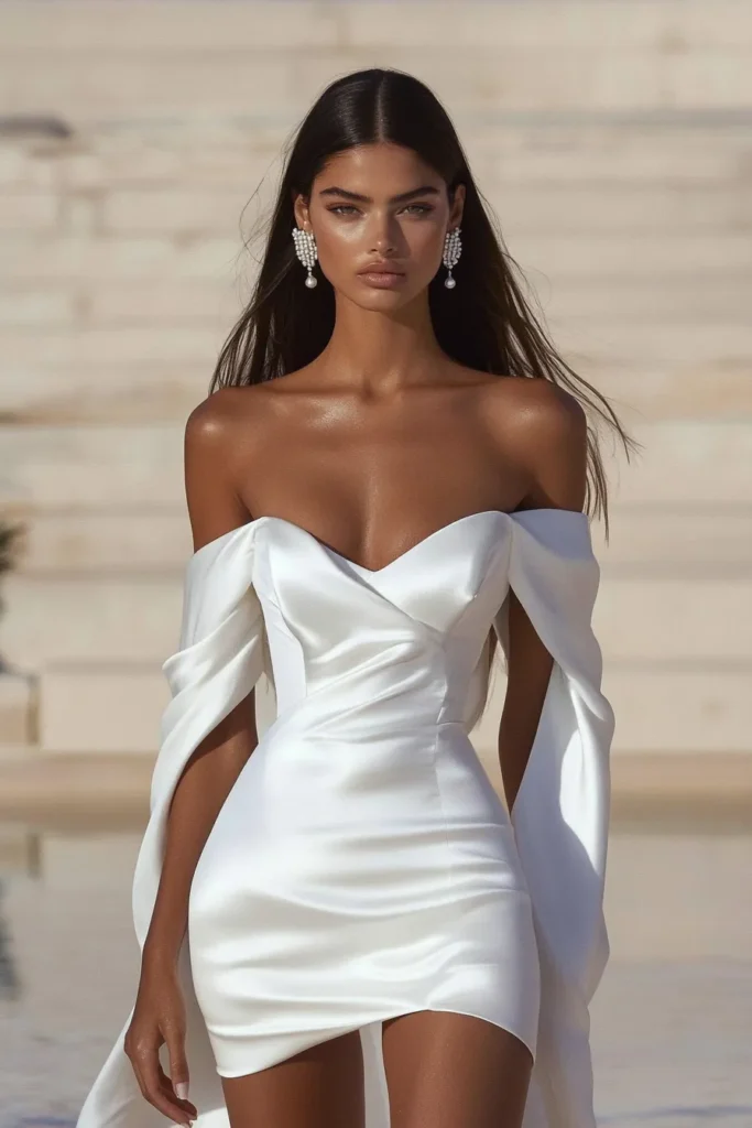 Glamorous white mini dress. This white mini dress hugs the body with a flawless fit, a deep sweetheart neckline and detachable flowing sleeves, ideal for cocktail parties or summer nights
