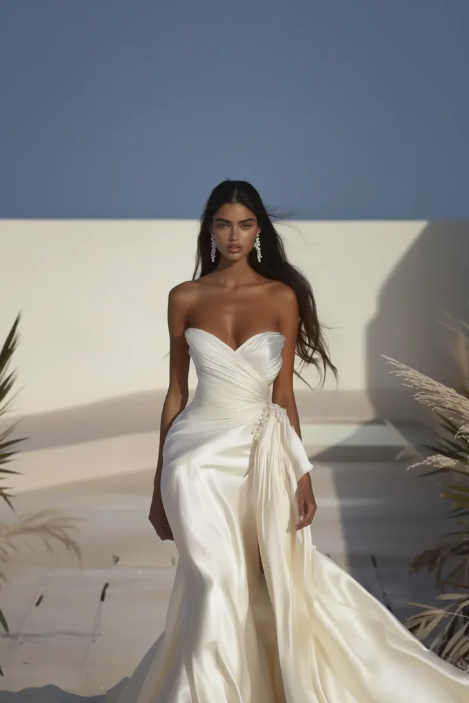 Glamorous white summer dress with a sweetheart neckline and draped side fabric. This elegant dress blends sophistication and fashion, making it the perfect choice for stylish summer events.