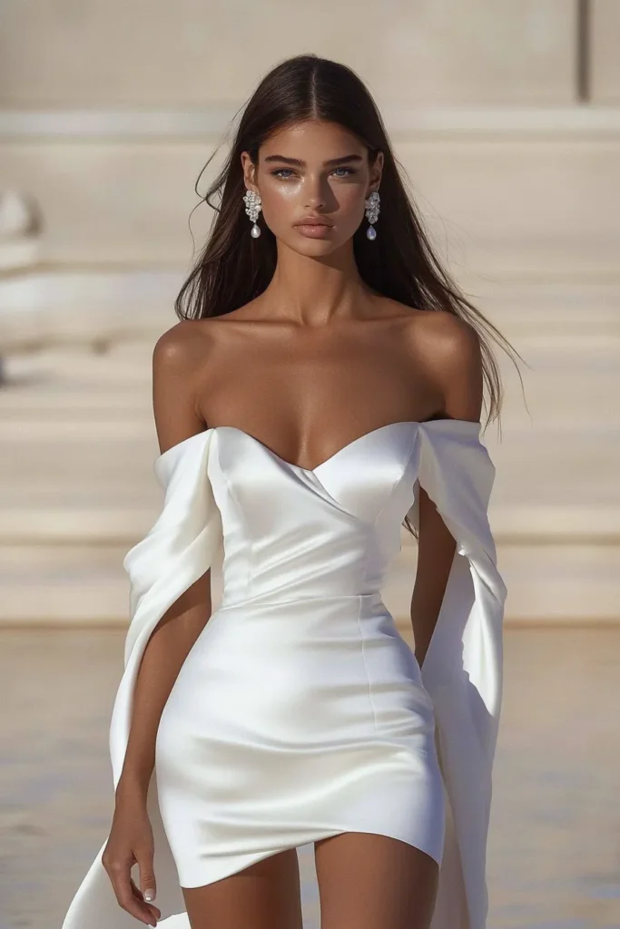 Off the shoulder white mini dress for evening elegance . Chic white mini dress, luxurious satin fabric, structured detailing, and dramatic sleeve, graduation dress, cocktail party, birthday party dress.