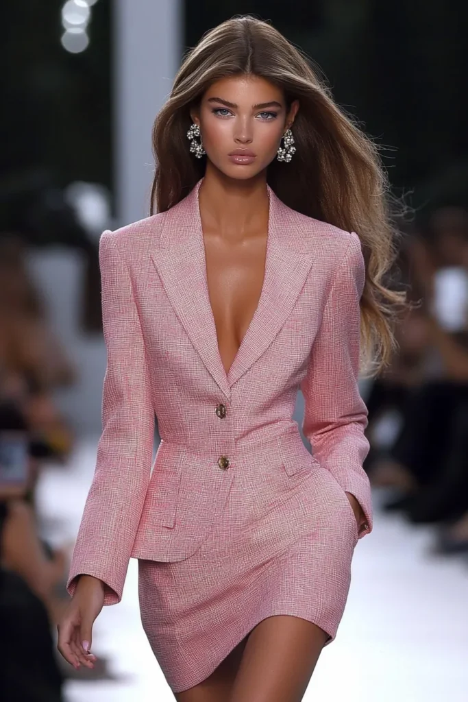 Pink blazer outfit dress. This sophisticated pink tweed mini blazer dress features a tailored fit, double-breasted details, and a chic shimmer for a glamorous evening outfit