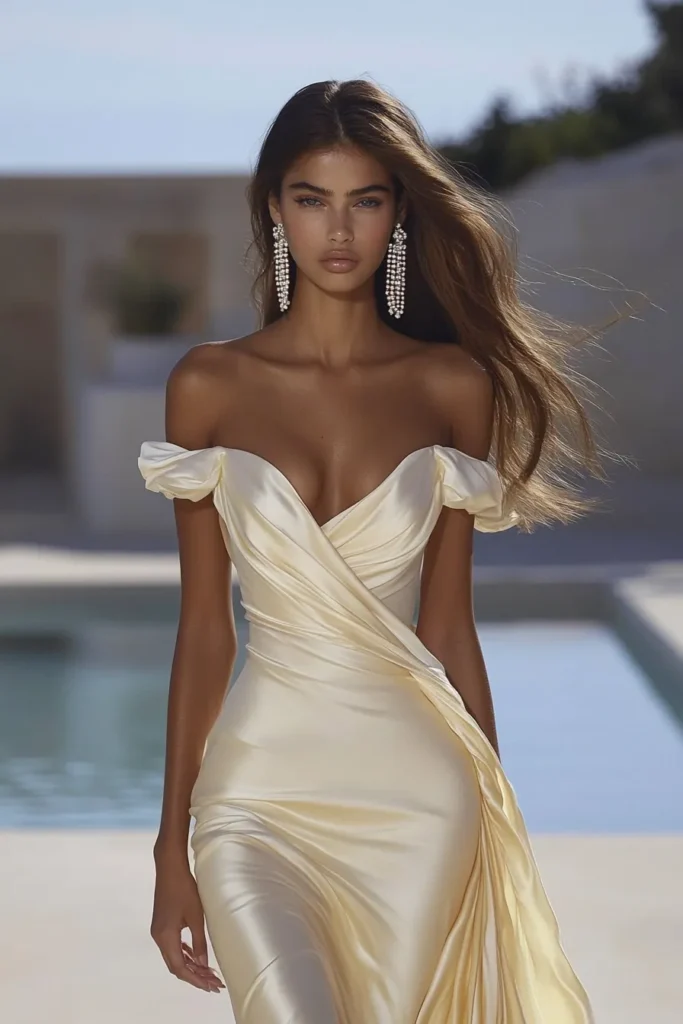 Sophisticated lemon wedding guest dress classy off-shoulder design with statement pearl earrings for summer wedding events, summer wedding guest outfit