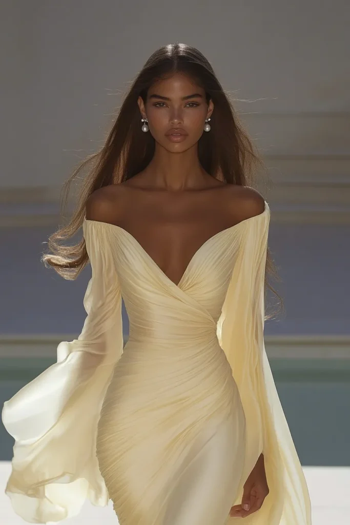 Sophisticated long-sleeve wedding guest dress in a soft yellow, a plunging neckline, long chiffon sleeves, and a fitting silhouette for a stylish look, wedding guest outfit summer, spring
