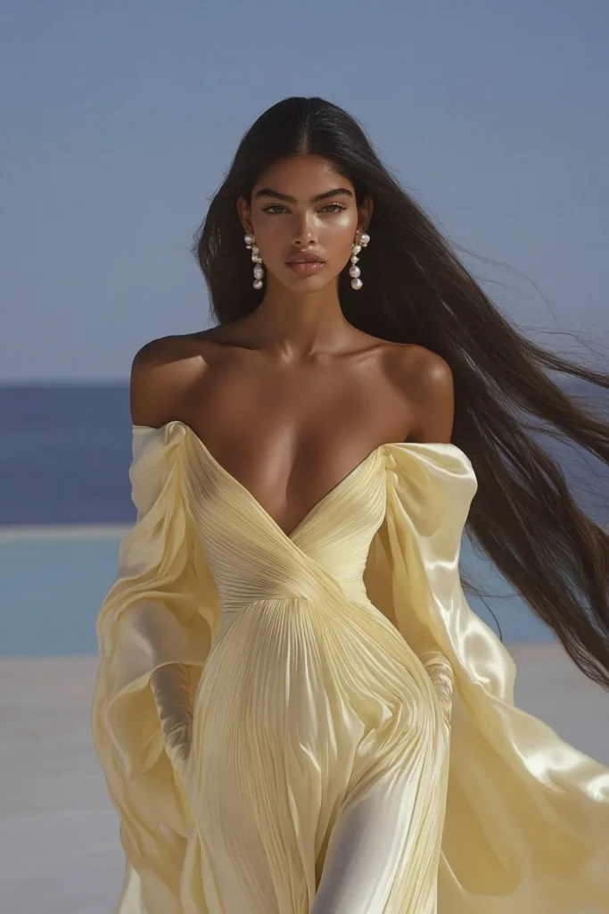 Sophisticated wedding guest dress with sleeves, featuring sheer chiffon draping, a structured bodice, and a soft pastel lemon color, summer wedding guest, spring wedding guest dress