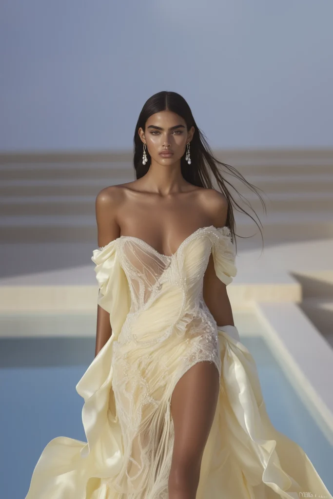 Sophisticated wedding guest outfit featuring an off-shoulder dress with pearl-studded embroidery and a flowing high-slit satin long dress