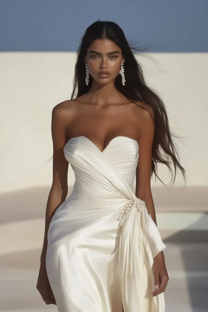 Strapless white summer dress with a thigh high split and pearl details. A chic white dress a ruched bodice and flowing design, for summer parties, beach weddings, and sunset getaways