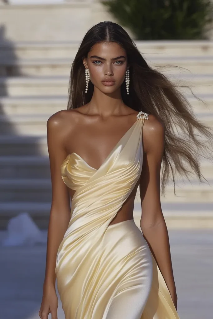Stunning yellow silk satin wedding guest dress with an asymmetrical shoulder design, elegant draped fabric, and pearl embellishments – perfect for a sophisticated wedding guest outfit.