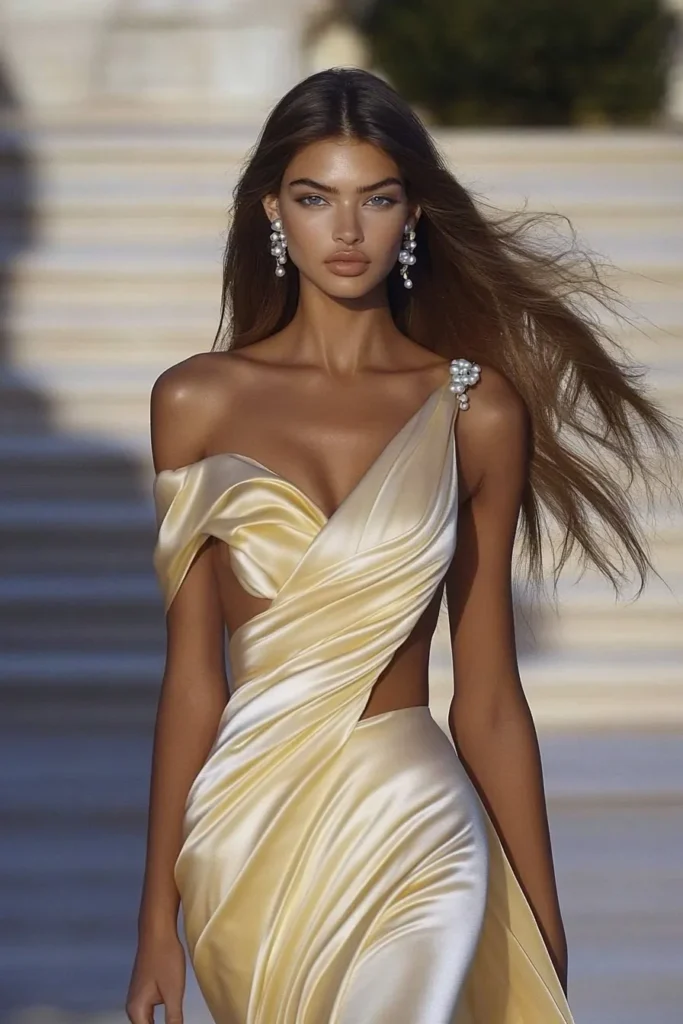 Stunning yellow silk satin wedding guest dress with asymmetrical shoulder design and  draped fabric, pearls, wedding guest outfit