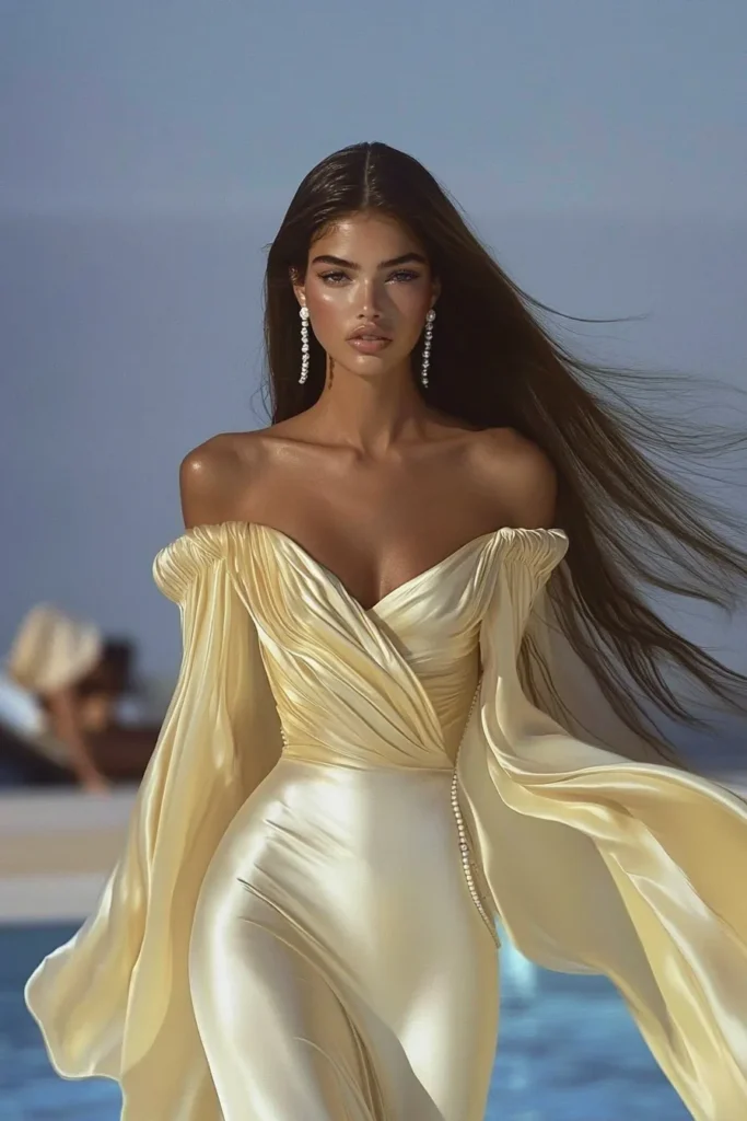 Stunning yellow wedding guest dress with sleeves, designed with an off-the-shoulder draped neckline, cinched waist, and chiffon sleeves, elegant summer wedding guest look