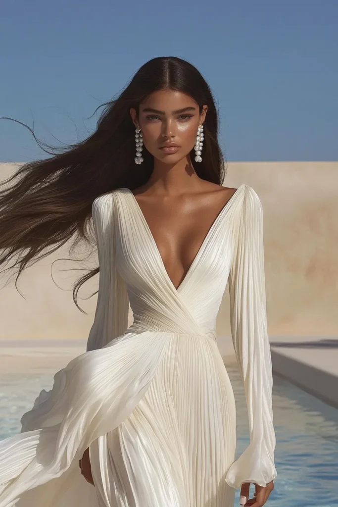 Stylish and elegant white long dress with long sleeves, flowing skirt and fitted bodice. Styled with Fashionable earrings. Perfect for summer events, graduation dress, prom dress