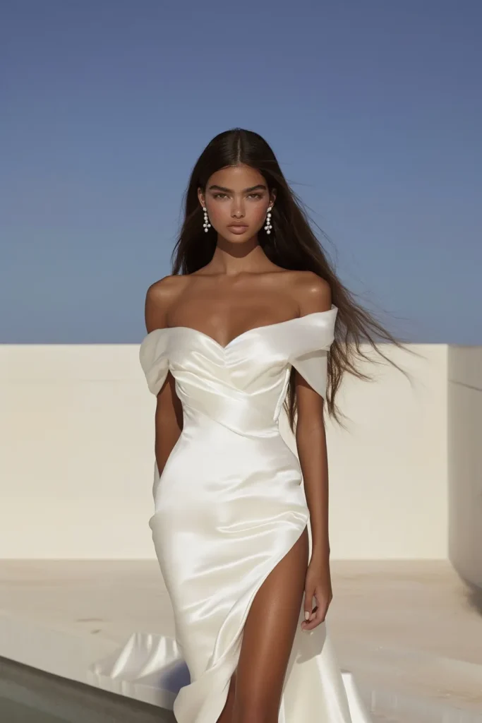 Stylish white graduation dress with a glamorous satin finish and side slit. This luxurious white dress with a sweetheart neckline, off-the-shoulder sleeves, and a thigh-high slit for a elegant look