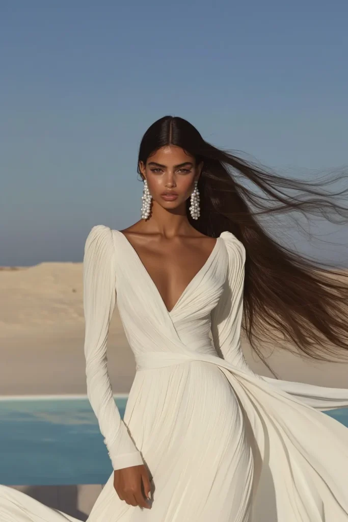 Stylish white long dress with a plunging neckline and structured shoulders, effortlessly elegant with contemporary fashion. Summer event, Graduation dress, prom dress