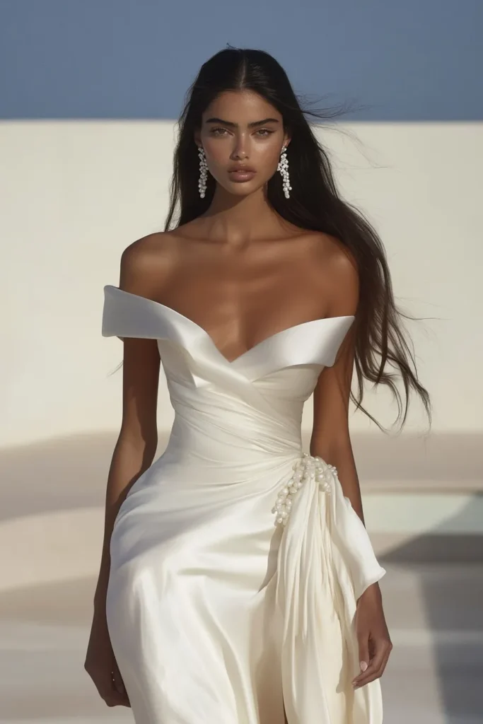 This white dress classy and sophisticated showcases a deep V-neckline, cinched waist, and delicate pearl accents, perfect for a timeless and elegant look.