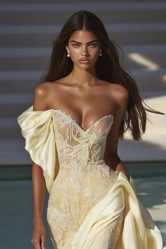 Wedding guest dress elegant with off shoulder design in lemon featuring couture-lace embellishment, wedding guest summer outfits