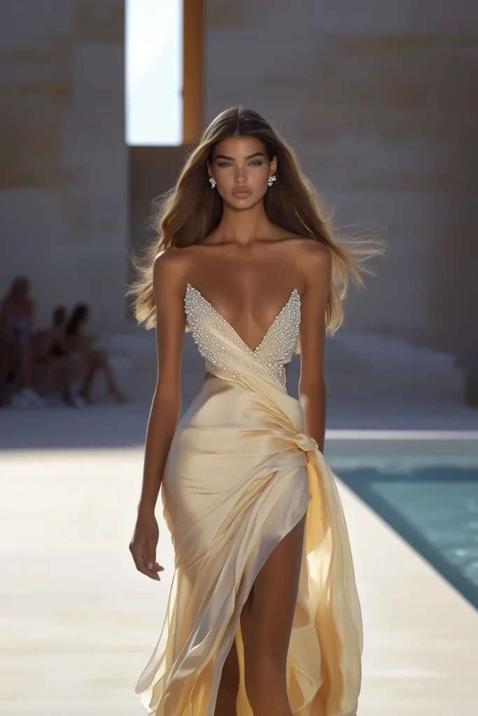 Wedding guest dress inspiration – A glamorous off-shoulder dress with delicate draping and pearl details, ideal for a destination or evening wedding.