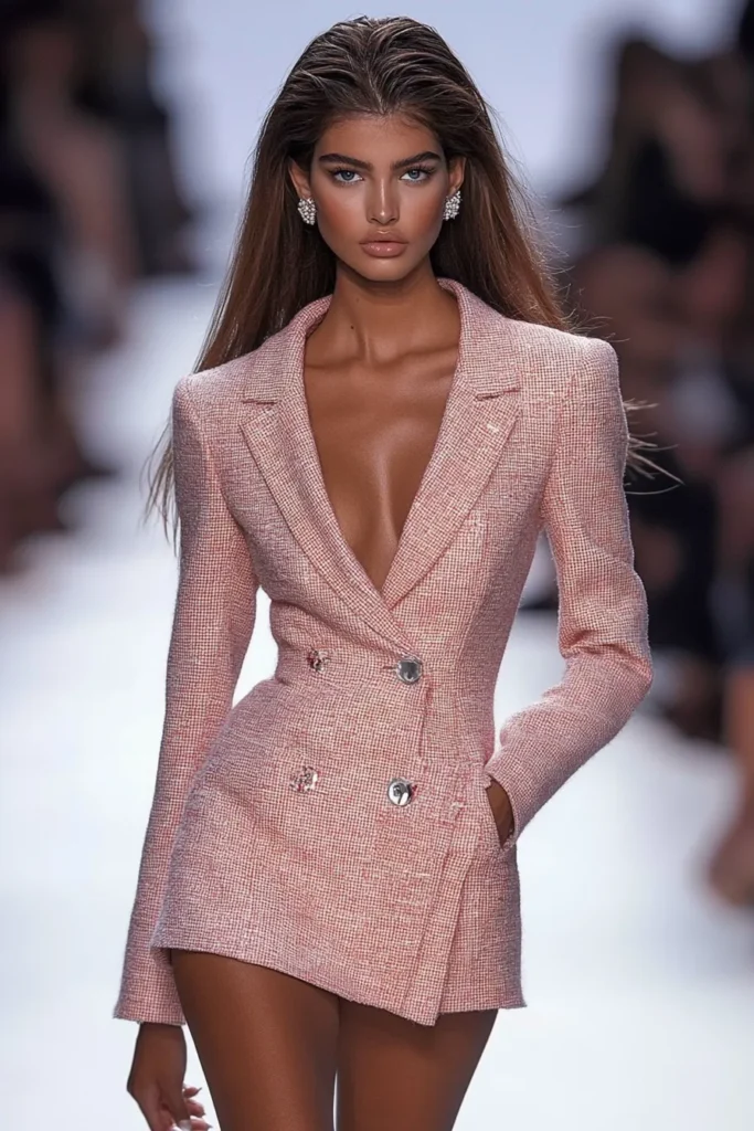 pink blazer outfit dress. A stunning blush pink tweed blazer dress with silver buttons, a structured silhouette, and a daring plunging neckline for a bold yet elegant look.