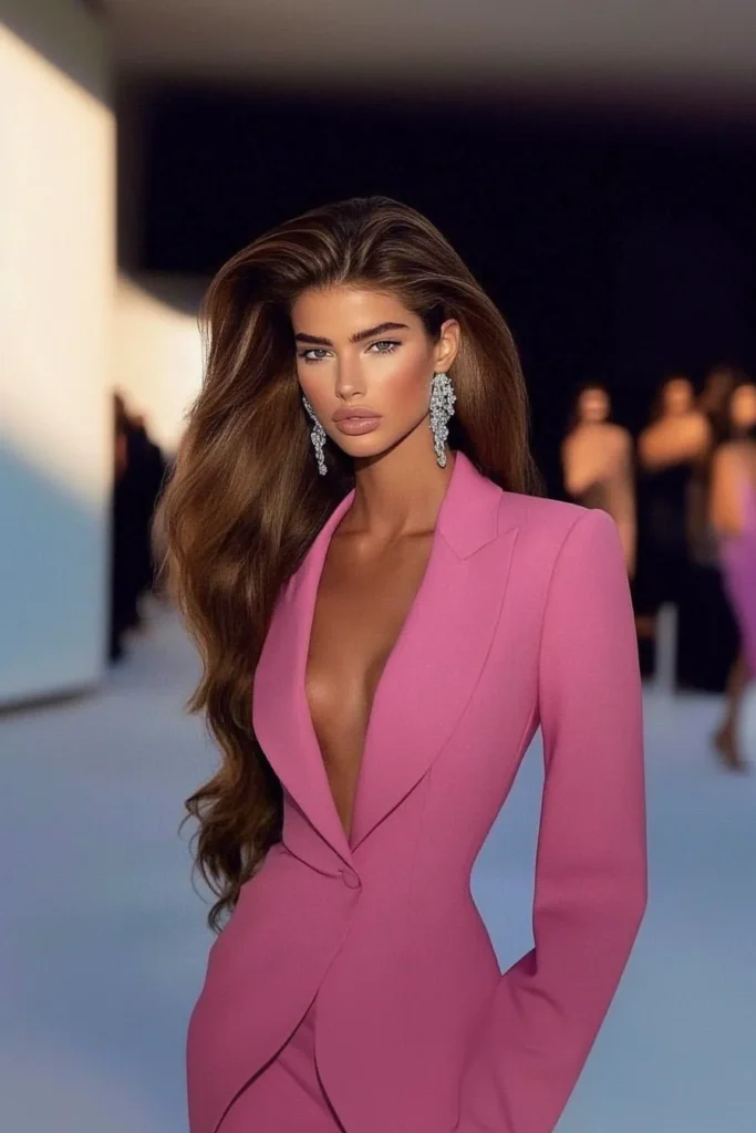 pink blazer outfit going out. A luxe fuchsia pink blazer with sharp tailoring and bold accessories, perfect for cocktail parties, upscale dining, or exclusive evening events