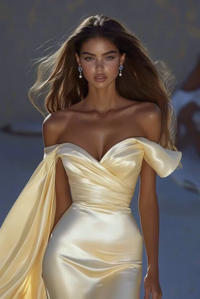 Elegant off-shoulder satin wedding guest dress in a soft champagne hue. Featuring a draped bodice, structured corset waist, and flowing sleeve detail, this luxurious gown is the perfect wedding guest outfit for a glamorous evening celebration