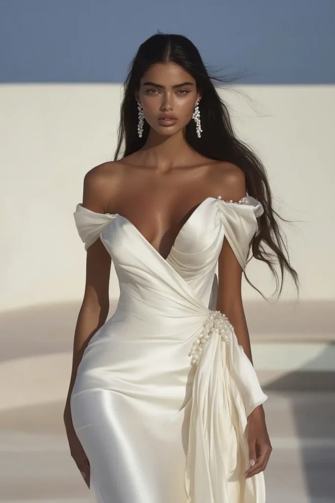 white dress classy and effortlessly stylish, a dramatic off-shoulder neckline, a cinched waist, and flowing draped fabric with pearl embellishments. black tie event, white dress outfit