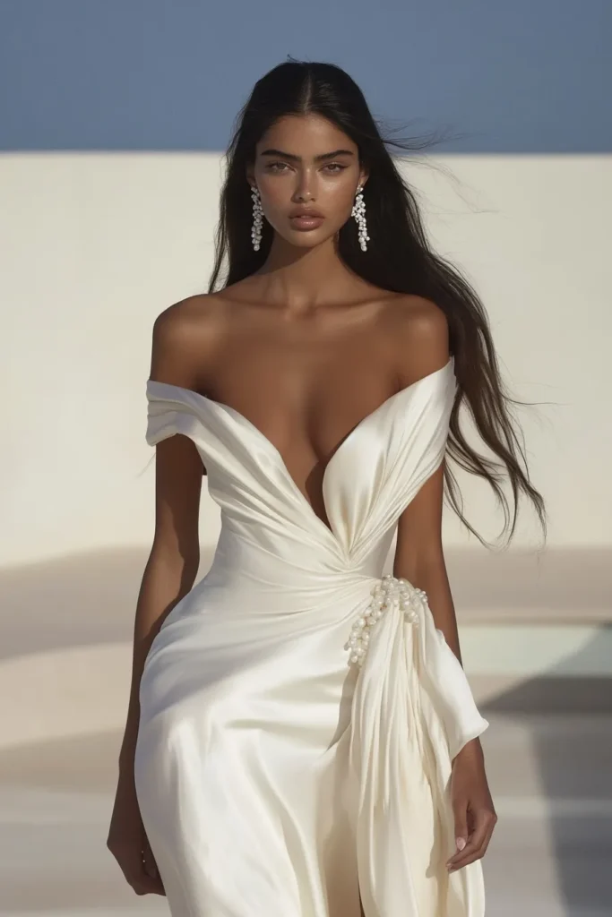 white dress classy, chic and elegant, fabric drapes effortlessly. Off-the-shoulder design, accentuated with pearl details, a perfect choice for formal events or glamorous evening occasions