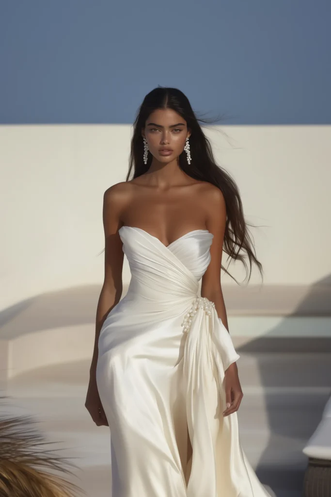 A breathtaking white summer dress designed for warm-weather sophistication, featuring delicate pearl embellishments and a graceful silhouette for a timeless summer look.