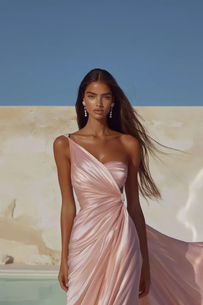 An elegant formal wedding guest dress in a delicate blush satin fabric, designed with a one-shoulder neckline, ruched bodice, and a flowing, floor-length train, styled for a outdoor wedding ceremony