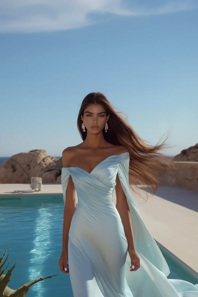 Blue pastel wedding guest dress styled with elegant off-the-shoulder sleeves and fitted silhouette, captured in a dreamy Mediterranean, perfect for spring and summer weddings