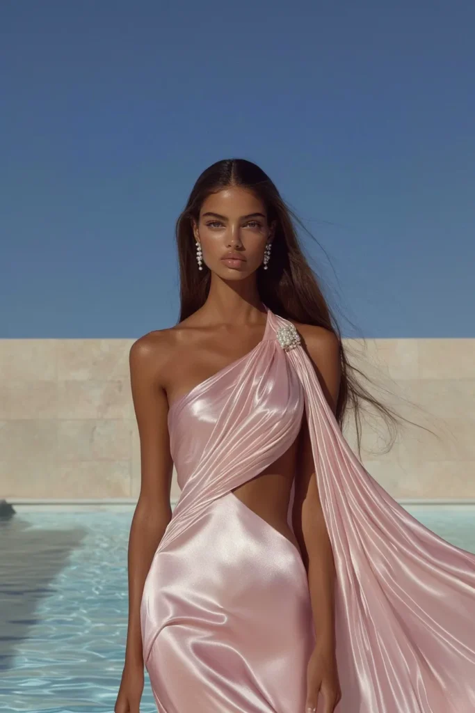 Chic and elegan satin wedding guest dress in soft blush pink with asymmetrical cutout design and statement pearl shoulder, a must-have style for dress ideas for wedding guest