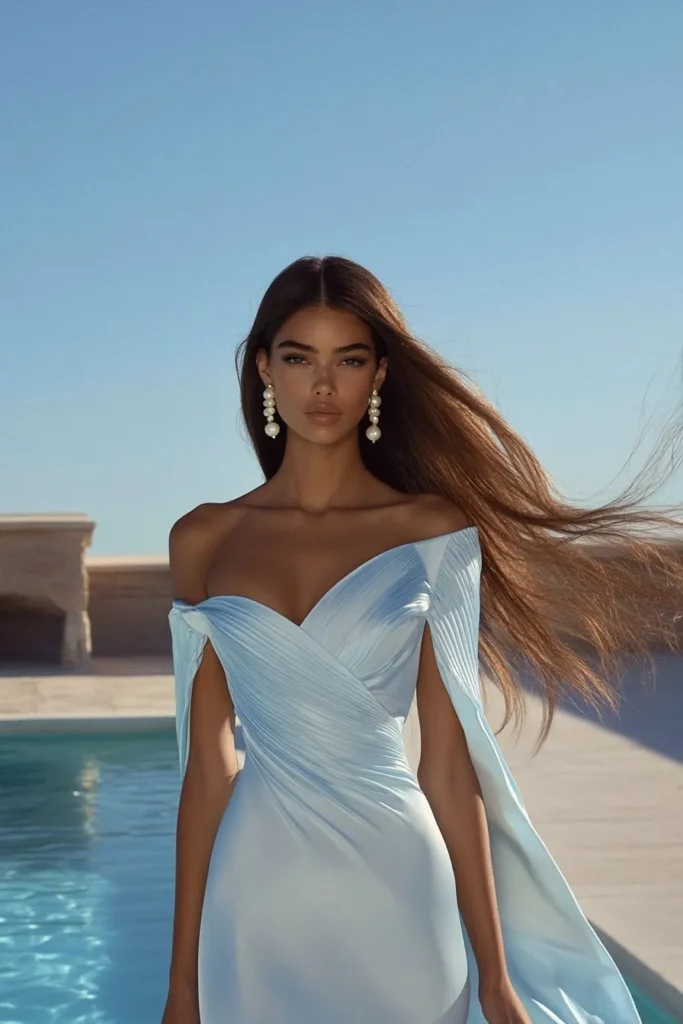 Chic and sophisticated pastel wedding guest dress with elegant drape detailing, ideal for spring summer weddings, worn by a woman with pearl earrings and sleek long hair