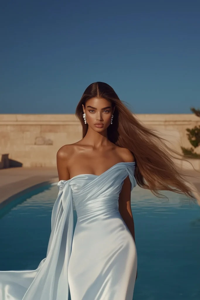 Chic blue satin wedding guest dress with dramatic off-shoulder styling, sleek body-contouring fit, flowing fabric accent, and glamorous poolside location for summer events