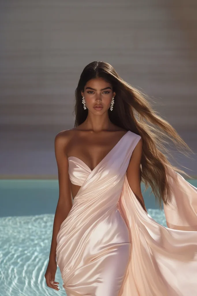 Chic one-shoulder wedding guest dress in blush pink satin, styled with pleated details and a romantic wrap design for stylish elegant fashionable dress outfit.