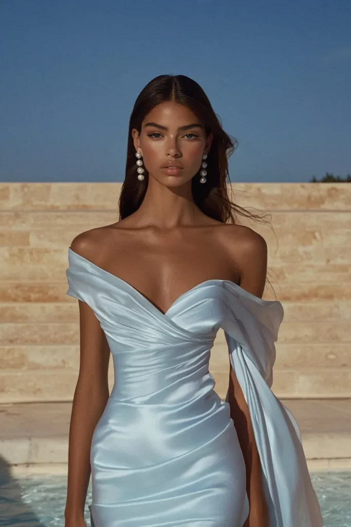 Chic pastel blue cocktail dress for wedding guest featuring off-shoulder draped design, flattering ruched bodice, pearl accessories, and luxurious satin finish ideal for formal events