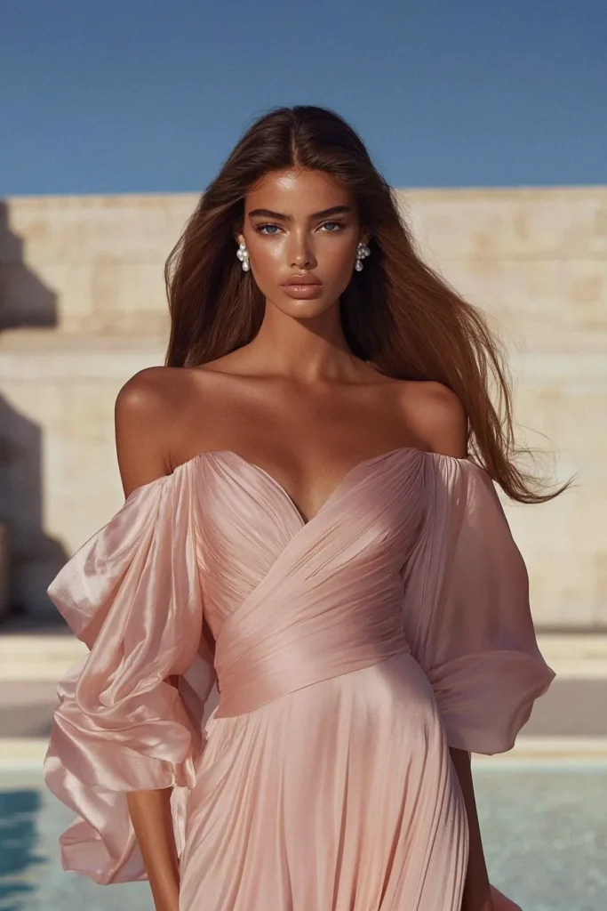 Chic pink spring wedding guest dress featuring airy puff sleeves and flattering silhouette, styled for a luxury resort wedding.