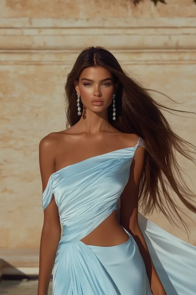 Chic sky blue summer wedding dress guest outfit featuring dramatic asymmetrical wrap styling, trendy cutout waistline, crystal-adorned shoulder detail