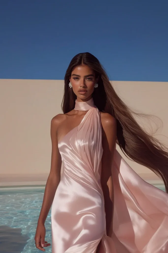 Chic summer wedding guest fashion inspiration with a glamorous blush pink satin dress draped elegantly over one shoulder, ideal for spring and summer weddings and upscale outdoor events.
