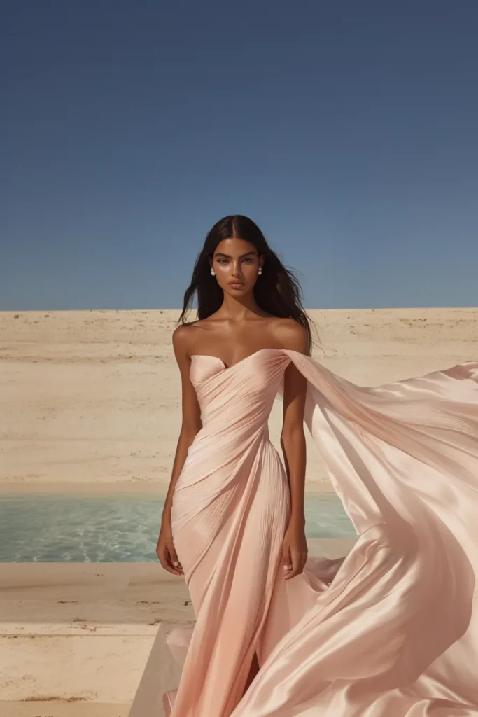 Elegant blush pink off-the-shoulder wedding guest dress, styled for a spring or summer outdoor ceremony with soft pleats and flowing fabric