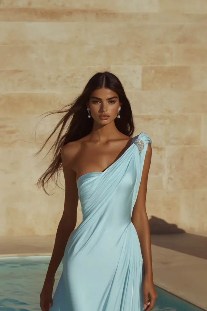 Elegant light blue one-shoulder cocktail dress wedding guest option with crystal shoulder embellishment, draped fabric, and pearl drop earrings against Mediterranean stone backdrop
