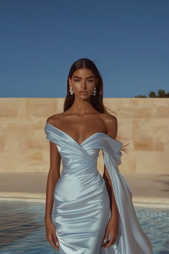 Elegant light blue satin off-shoulder dress for wedding guest featuring draped bodice, pearl drop earrings, and luxurious silhouette against stone backdrop