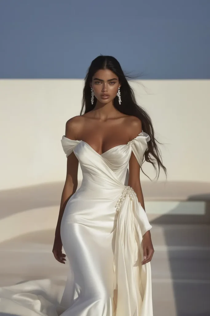Elegant off-the-shoulder classy white dress with pearl details. A classy white dress, draped satin fabric, delicate pearl embellishments, perfect for a  sophisticated look