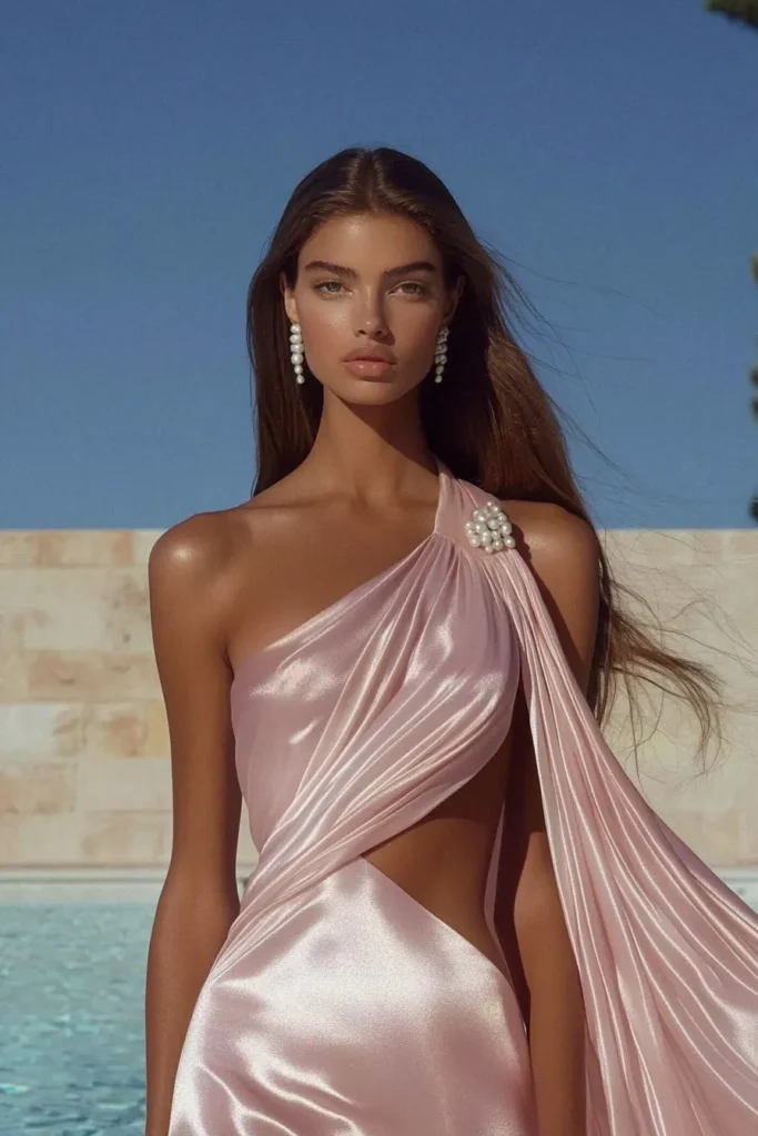 Elegant one-shoulder blush pink satin dress with pearl embellishment, perfect for stylish dress ideas for wedding guest attending beach or destination weddings.