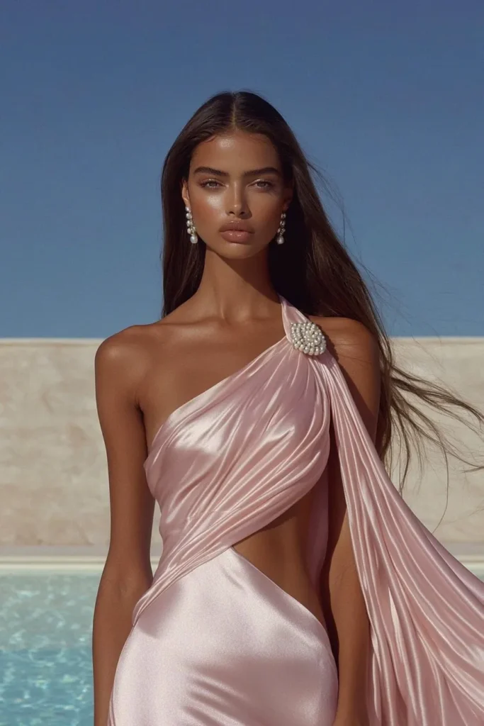 Elegant one-shoulder pink satin dress, pearl embellishment and a flowing drape, perfect for luxurious summer soirées and for fashion dress ideas for wedding guest