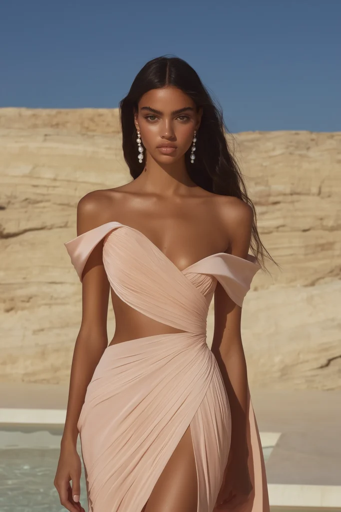 Elegant pink summer wedding guest dress in satin with wrap-style design and flattering cut-out waist. Stunning wedding guest outfit