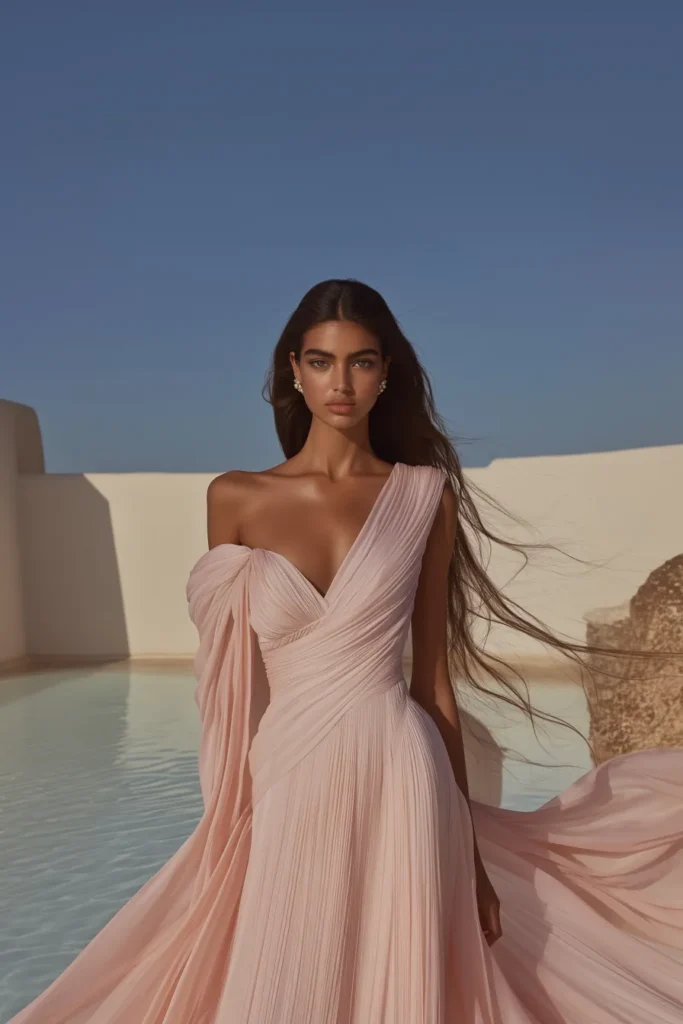 Elegant wedding guest dress in blush pink with one-shoulder neckline and flowing pleated chiffon, ideal for romantic spring weddings