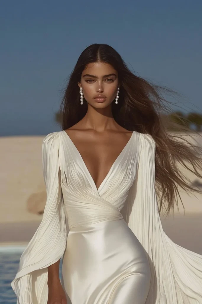 Elegant white dress with flowing sleeves. A stunning white dress, pleated, long sleeves, a  V-neckline, perfect for a glamorous evening look. Learn how to style a stunning white dress for any occasion.
